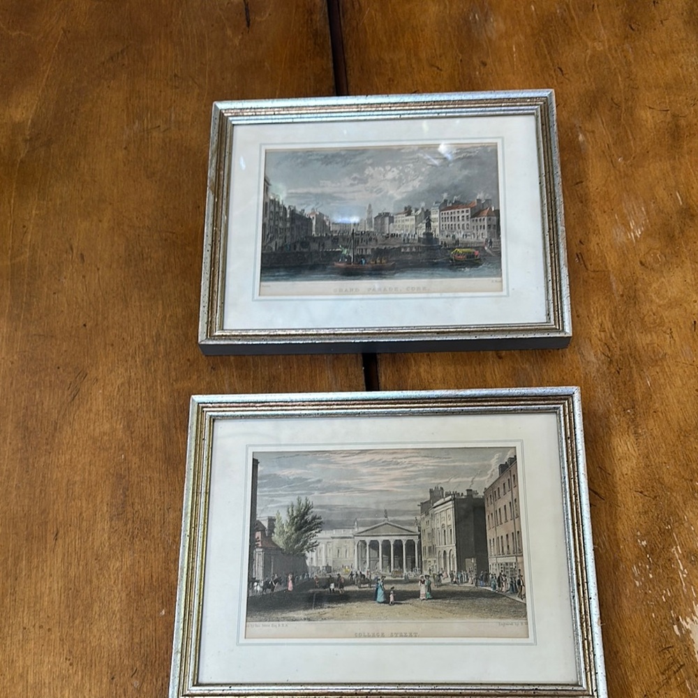 Vintage Framed Cityscape Art in Silver and Brown